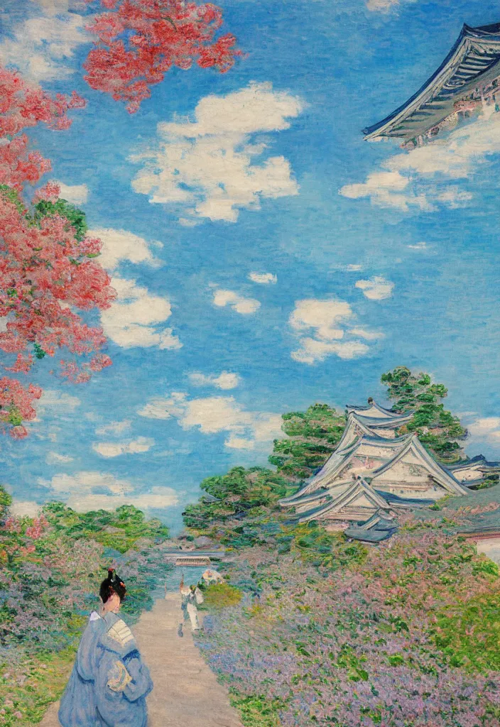 Image similar to tiny samurai in front of a futuristic japanese country side landscape, edo era house in the background, blue sky, magnificient clouds, lofi vibe, vivide colors, amazing light, really beautiful nature, oil painting, impressionist style, by claude monet, by ghibli, kandinsky touches, multiple brush strokes, masterpiece