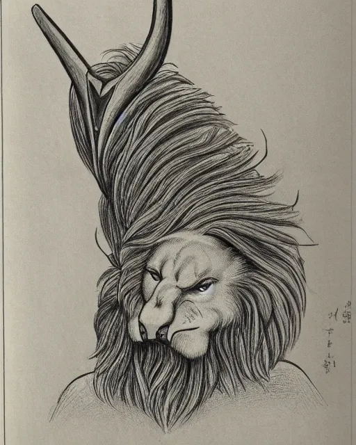 Prompt: a creature with the body and eyes of a man, beak of an eagle instead of the nose, the mane of a lion, two horns of an ox on the head. drawn by miura kentaro