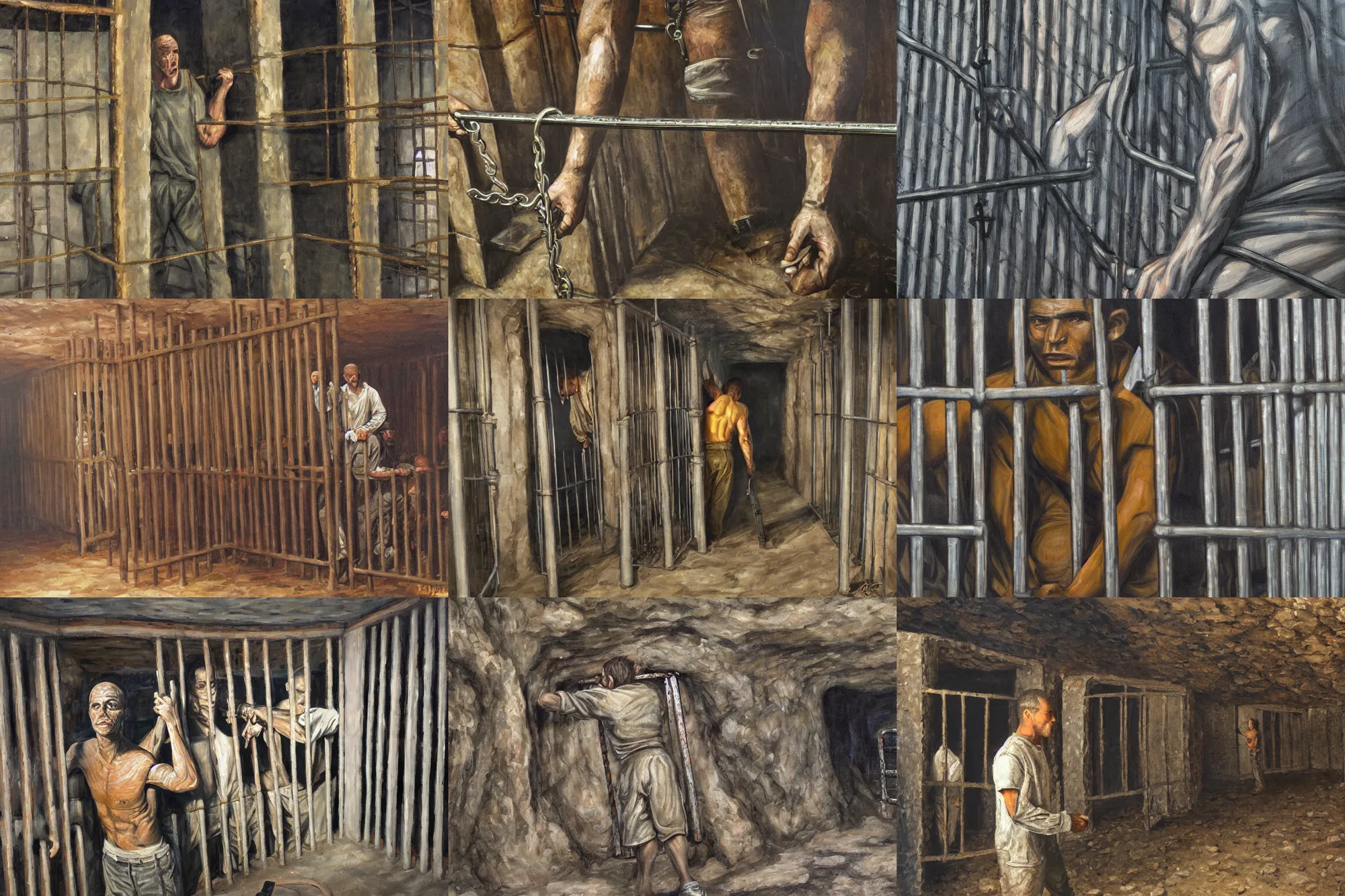 Image similar to ultra wide full length painting of a prisoner holding prison bars, cave prison, highly detailed, high resolution, oil in canvas