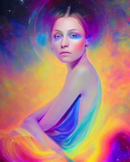 Image similar to realistic portrait of celestial being in silky clothes, psychedelic, light, glory, golden, delicate, hyper realism, ultra realistic, 8 k