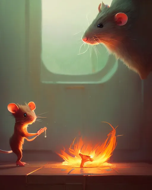 Image similar to highly detailed vfx portrait of a cute little rat casting fire magic, unreal engine, greg rutkowski, loish, rhads, beeple, makoto shinkai and lois van baarle, ilya kuvshinov, rossdraws, tom bagshaw, alphonse mucha, global illumination, detailed and intricate environment