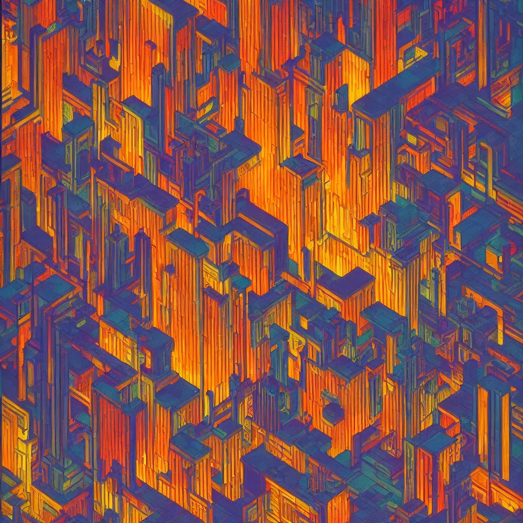 Image similar to isometric artdeco cyberpunk neon cathedral at night by frank lloyd wright, isometric, painted by piet mondrian