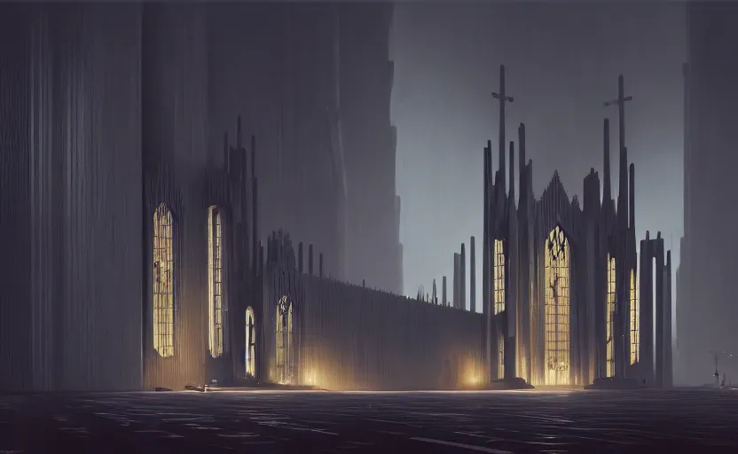 Image similar to exterior shot of utopian brutalist gothic architecture with cinematic lighting by zaha hadid peter zumthor and renzo piano and, darek zabrocki and greg ruthkowski, simon stalenhag, cinematic, holy place, paradise, scifi, futurism, atmospheric, concept art, artstation, trending on artstation