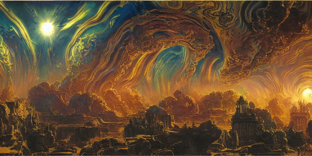 Prompt: baroque neoclassicist sci - fi colorful chrome marble halls of creation. billowing clouds, iridescent textures. glowing fog, black background. highly detailed fantasy science fiction painting by moebius, norman rockwell, frank frazetta, and syd mead. rich colors, high contrast