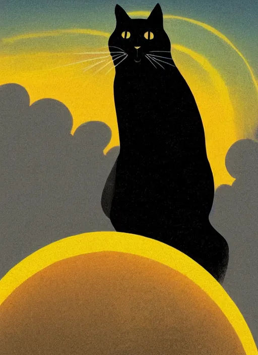 Prompt: a black cat standing on top of a yellow sun, a storybook illustration by sara saftleven, behance contest winner, nuclear art, sunrays shine upon it, god rays, digital illustration