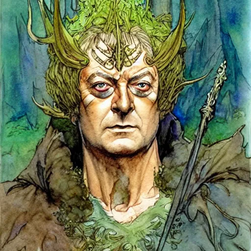 Image similar to a realistic and atmospheric watercolour fantasy character concept art portrait of michael caine as a druidic warrior wizard looking at the camera with an intelligent gaze by rebecca guay, michael kaluta, charles vess and jean moebius giraud