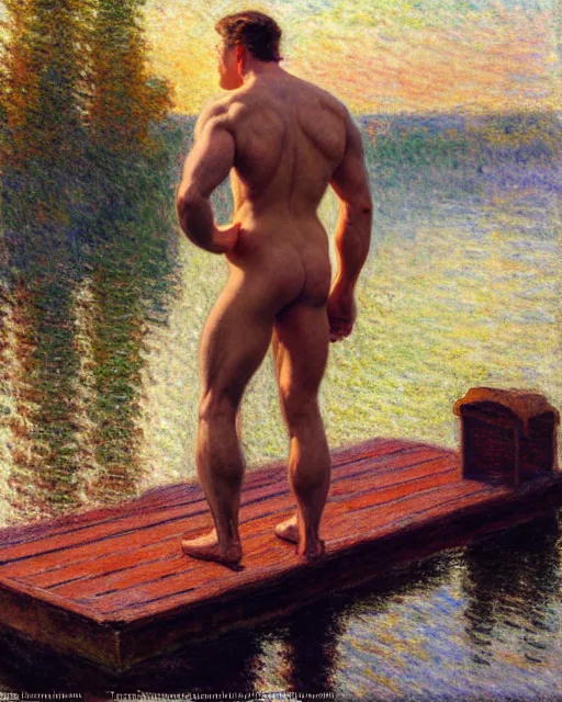 Prompt: muscular postman sitting on a dock on a lake, sunlight shining on his skin, reflective water, painting by tom of finland, gaston bussiere, craig mullins, j. c. leyendecker, claude monet