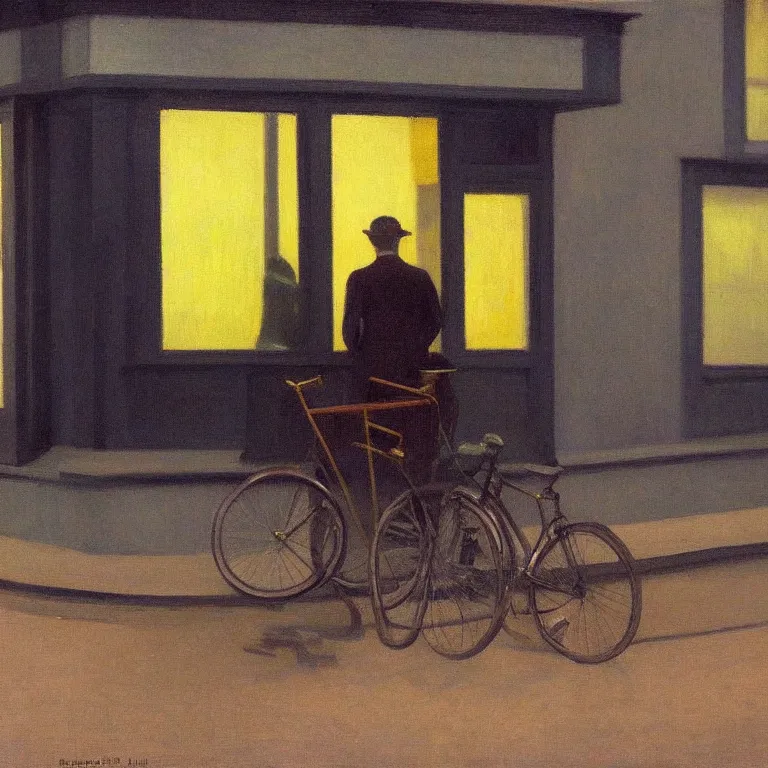 Image similar to a man with a bike resting in quiet town at foggy night, painted by Edward Hopper, oil painting