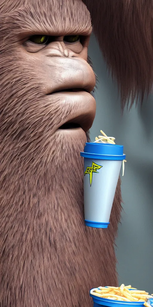 Image similar to flash photograph of bigfoot eating at a fast food restaurant, trending on artstation, 8k, highly detailed