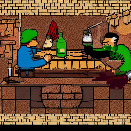 Image similar to Three important pirates drinking grog in a tavern table 16 bit computer art