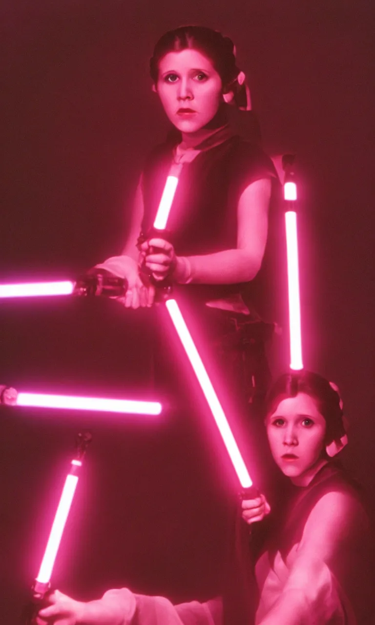 Prompt: Young Carrie Fisher as Princess Leia wielding a fuchsia light saber, ambient lighting, 8k, 35mm film still from Star Wars