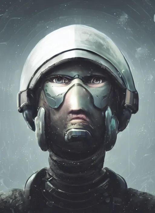 Image similar to of a hyper realistic digital art portrait of a cyberpunk war cleric in a futuristic pearl armor, tech helmet, dark gloomy environment two moons