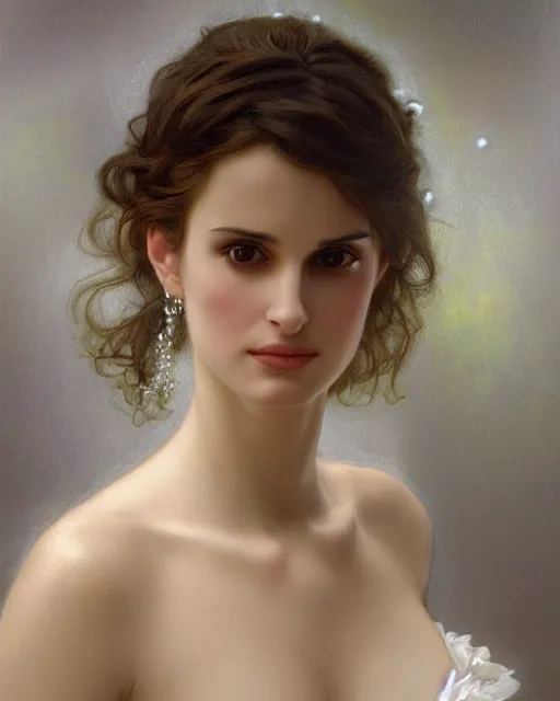 Image similar to realistic oil painting of young 1 8 - year old winona ryder or natalie portman wearing an iridescent wedding dress covered in pearls, highly detailed, intricate,, elegant, digital painting, smooth, sharp focus, illustration, ultra realistic, 8 k, by bouguereau, alphonse mucha, artgerm, and donato giancola