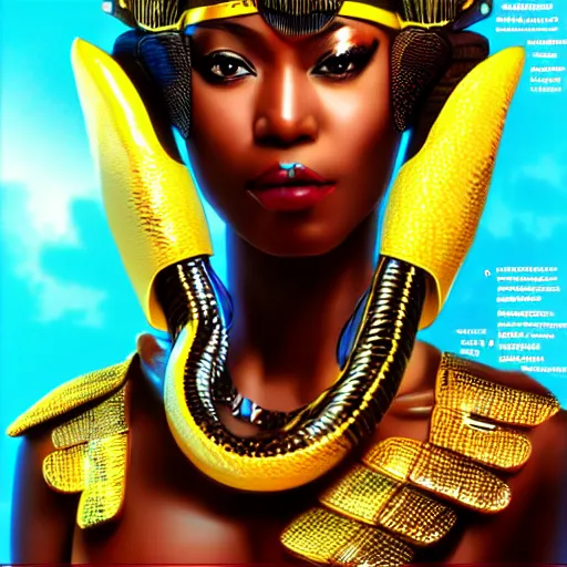 Image similar to cinematic, full shot, realistic cyberpunk african cleopatra bitten by a snake, beautiful face, beautiful body, hajime sorayama, h 7 6 8