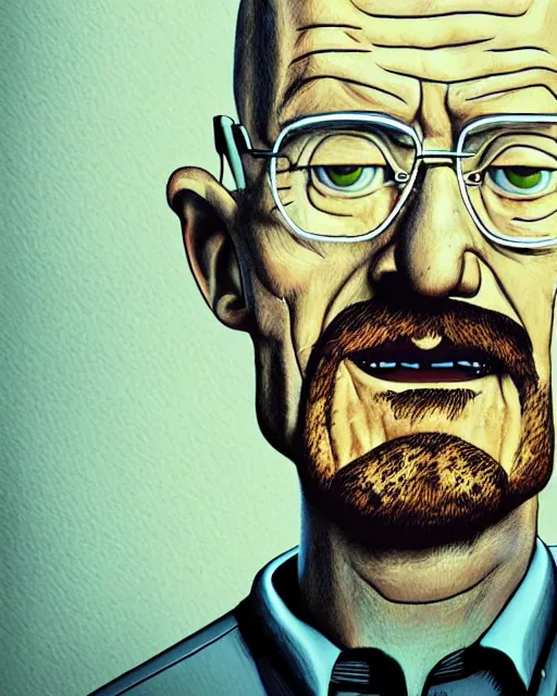 Image similar to portrait of walter white in the style of justin roiland. ugly, creepy, demonic, horror. cinematic lighting. style of rick & morty. photographic, photography. by justin roiland