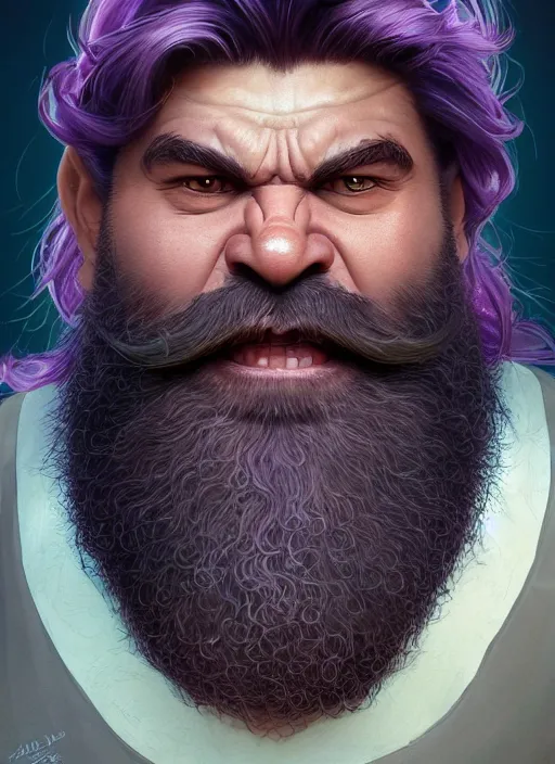 Prompt: portrait of a cute moe hulky herculean well groomed orc with flowing long deep violet hair, epic beard, intricate, elegant, highly detailed, digital painting with moe sparkles and soft manga rose borders, artstation, concept art, smooth, sharp focus, illustration, art by artgerm and greg rutkowski and alphonse mucha, 8 k
