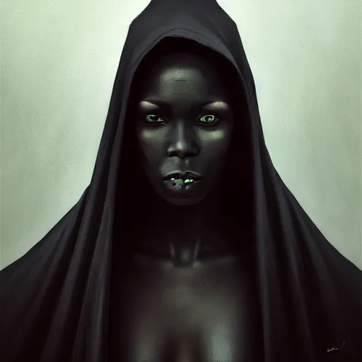 Image similar to a portrait of a young black woman wearing a long dark cloak, hood and shadows covering face, anatomically correct, beautiful perfect face, enigmatic, oil painting, matte painting, black background, Volumetric dynamic lighting, Highly Detailed, Cinematic Lighting, Unreal Engine, 8k, HD, by Beksinski