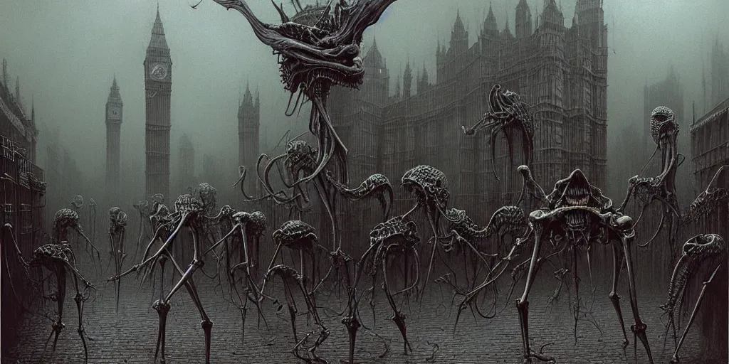 Prompt: matte painting of eldritch creatures with surrealistic morphed skeletons roaming the streets of London, Zdzislaw Beksinski, Wayne Barlowe, Joe Fenton, gothic, cosmic horror, dystopian, biomorphic, lovecraftian, amazing details, cold hue's