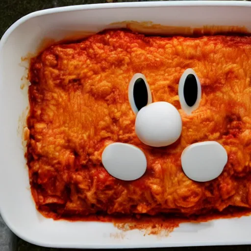 Prompt: garfield's face on lasagna