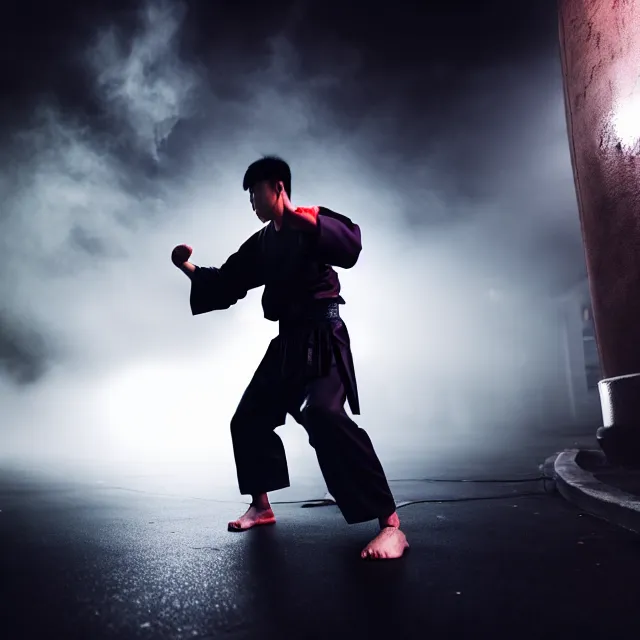 Image similar to wing chun punch streetfight, detailed wing chun form, defensive stance, shanghai, cinematic neon uplighting, fog mist smoke, photorealistic, night photography by tomino - sama