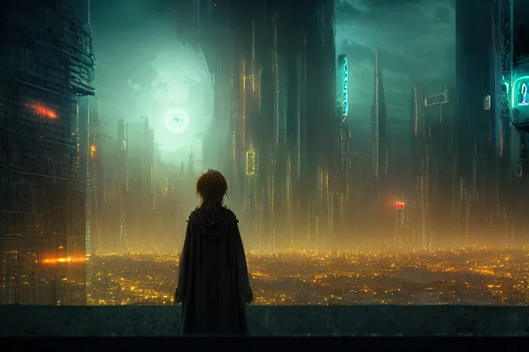 Image similar to an ultra realistic, cinematic, fantasy, headshot portrait, of an elden ring elf, fairy lights, facial features, overlooking a vast dystopian cityscape, with futuristic buildings and neon signs, detailed, deep focus, movie still, dramatic lighting, ray tracing, by michal karcz and yoshitaka amano