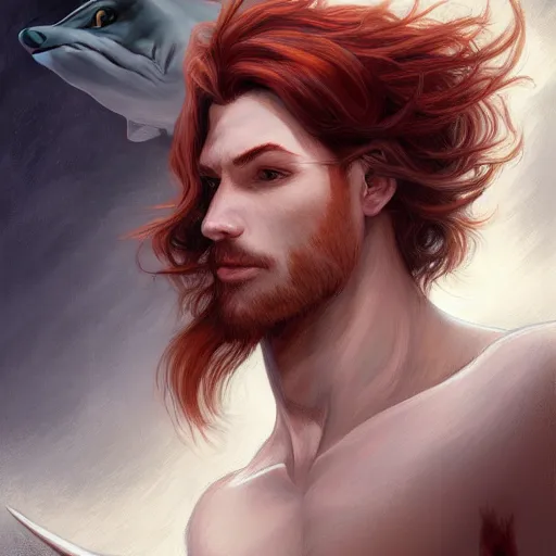 Image similar to portrait of a shark with a humanoid face, male, handsome, masculine, full body, red hair, long hair, soft hair, fantasy, intricate, elegant, highly detailed, suit, coffee shop, digital painting, artstation, concept art, character art, smooth, sharp focus, illustration, art by artgerm and greg rutkowski and alphonse mucha