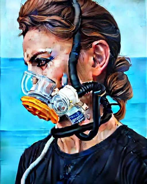 Image similar to portrait of a spy wearing oxygen mask with a harpoon with sea background with horror side profile by Sandra Chevrier