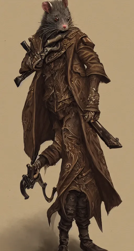 Image similar to a highly detailed illustration of a rat wearing a long coat holding a wooden shotgun, dramatic standing, intricate, elegant, highly detailed, centered, digital painting, artstation, concept art, smooth, sharp focus, league of legends concept art, wlop