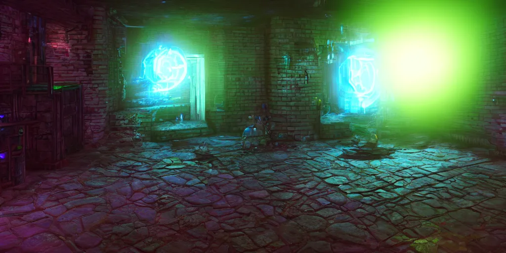 Image similar to screenshot of deathtrap dungeon, videogame, neon glow, lens flare, 8 k, unreal engine