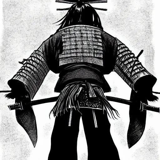 Image similar to a full body portrait from behind of a samurai from manga vagabond, detailed, concept art, ink style, sketch