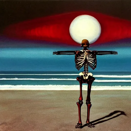 Image similar to a skeleton walking on a beach next to the ocean, nuclear bomb explosion in the background, a surrealist painting by Storm Thorgerson, featured on cg society, nuclear art, surrealist, apocalypse landscape, chillwave