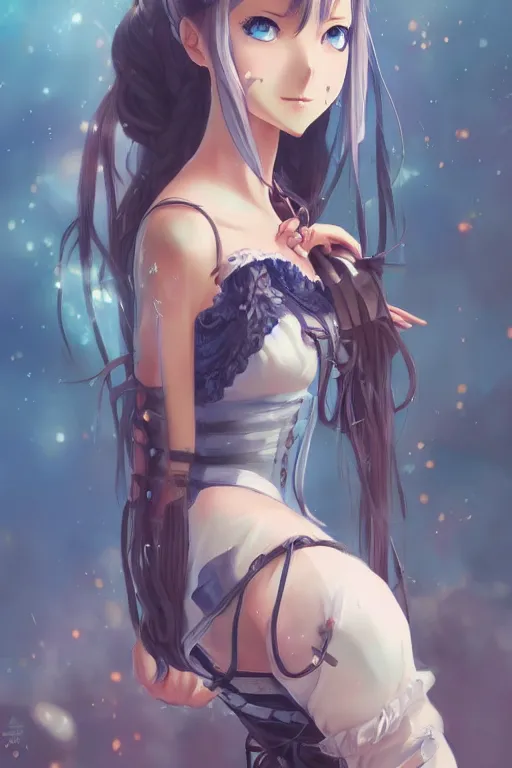 Prompt: anime girl with braids wearing a corset, anime style, fantasy art, gorgeous face, by makoto shinkai, by wenjun lin, digital drawing