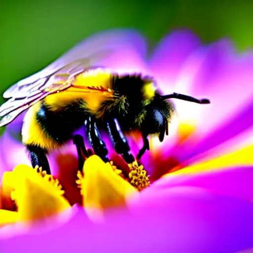 Image similar to surreal composite bumble bee made of flowers, pedicel legs, flower petal wings, siting on a finger, 5 0 mm lens, f 1. 4, sharp focus, ethereal, emotionally evoking, head in focus, volumetric lighting, blur dreamy outdoor