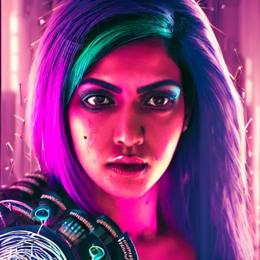 Prompt: portrait of a indian woman with pink hair as a cyberpunk cyborg half robot, revealing wires and electronics, circuit boards, wire management, sci - fi, missing panels, intricate abstract upper body intricate artwork, concept art, octane render, deviantart, cinematic, key art, hyperrealism, iridescent accents, portrait photograph, nikon 3 5 mm, photograph by greg rutkowski