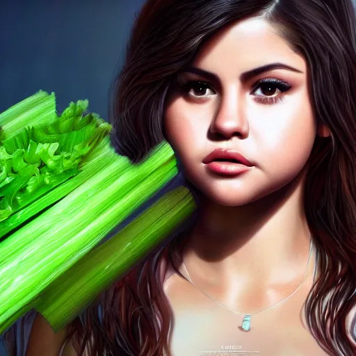 Prompt: photorealistic digital painting of selena gomez as celery hybrid mutant, hd, artstation, 4 k wallpaper