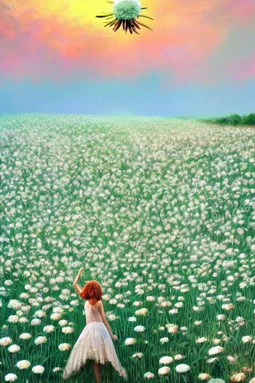 Image similar to giant white daisy flower as head, girl dancing in a flower field, surreal photography, sunrise, dramatic light, impressionist painting, colorful clouds, digital painting, artstation, simon stalenhag