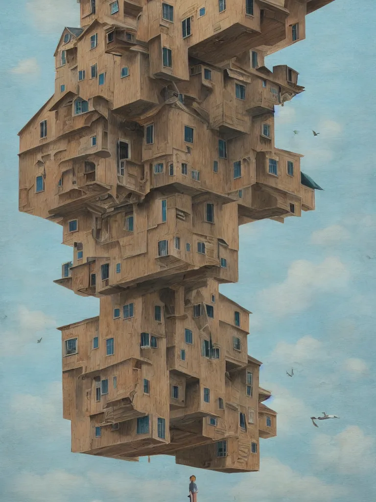 Prompt: artist cinta vidal painting on wooden canvas of 3 d house floating in the air, high detail colored pencil illustration,