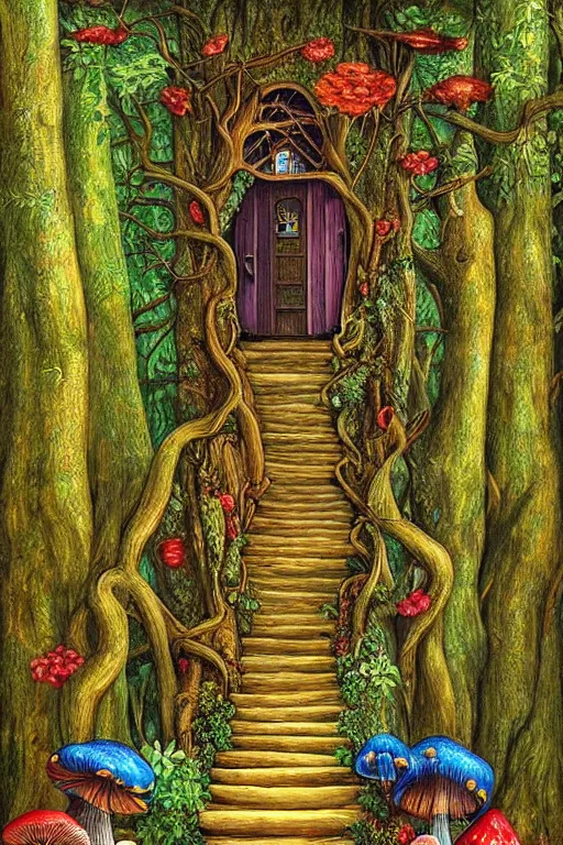 Prompt: digital painting detailed forest tree with door and stairs, magical forest flowers mushrooms painted by Michael Cheval