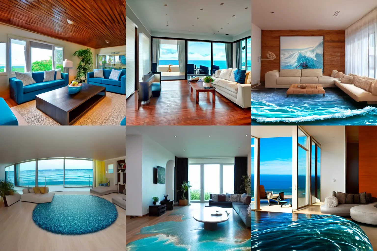 Prompt: living room with a floor like ocean waves