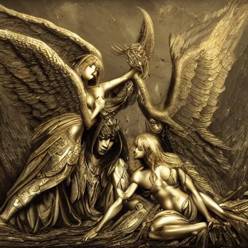 Prompt: fallen angels in golden armour ( gustav dore, artstation, deviantart )