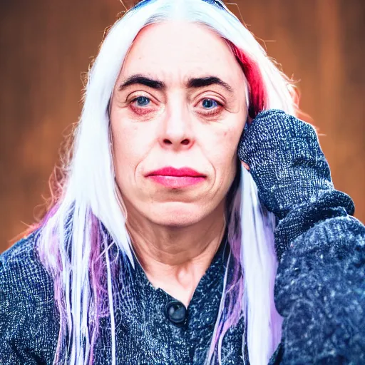 Prompt: dslr photo portrait still of 5 0 year old age 5 0 billie eilish at age 5 0!!!, 8 5 mm f 1. 8