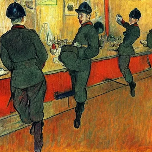 Image similar to modern red berets soldiers inside of a pub, painting by toulouse - lautrec, soldiers wearing tactical clothing, cinematic, award winning