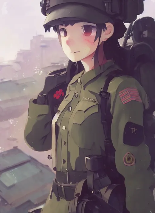 Image similar to portrait of cute soldier girl, smoky sky background urban landscape illustration concept art anime key visual trending pixiv fanbox by wlop and greg rutkowski and makoto shinkai and studio ghibli and kyoto animation soldier clothing military gear