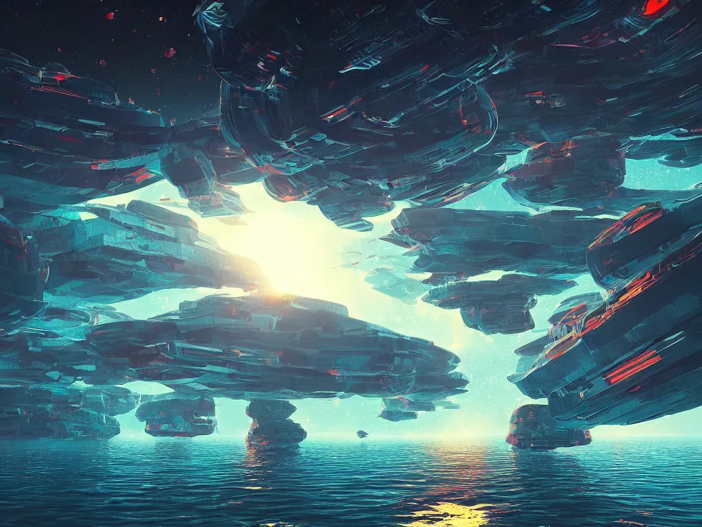 Image similar to floating asteroid mining colony by alena aenami, petros afshar