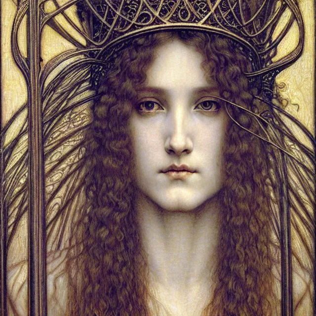 Image similar to detailed realistic beautiful young medieval queen face portrait by jean delville, gustave dore and marco mazzoni, art nouveau, symbolist, visionary, gothic, pre - raphaelite. horizontal symmetry