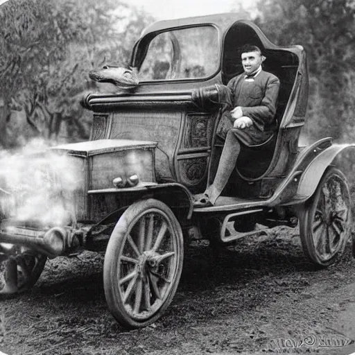 Image similar to dinosaurs driving cars, victorian photo,