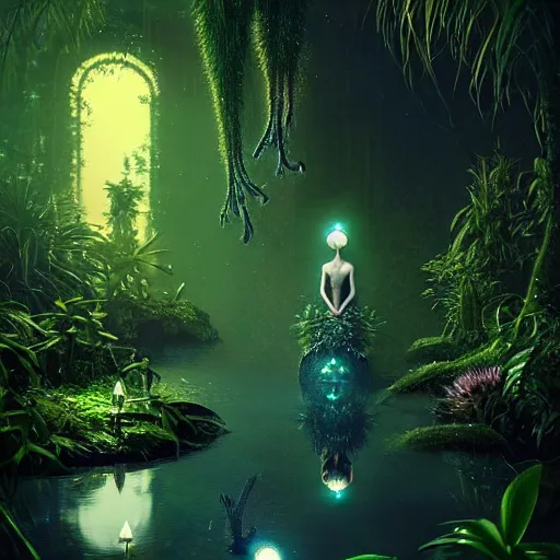 Image similar to creature in a lush vegetation at night, water reflection, bioluminescent : : by michal karcz, daniel merriam, victo ngai and guillermo del toro : : ornate, dynamic, particulate, intricate, elegant, highly detailed, centered, artstation, smooth, sharp focus, octane render, 3 d