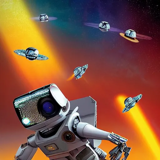 Prompt: 3 d rendered movie still shiny pearlescent robots ( ( cat ) ) in epic space battles and disco dance contests, they vacation on saturn. science fiction blockbuster movie, imax 7 0 mm. bladerunner, wall - e