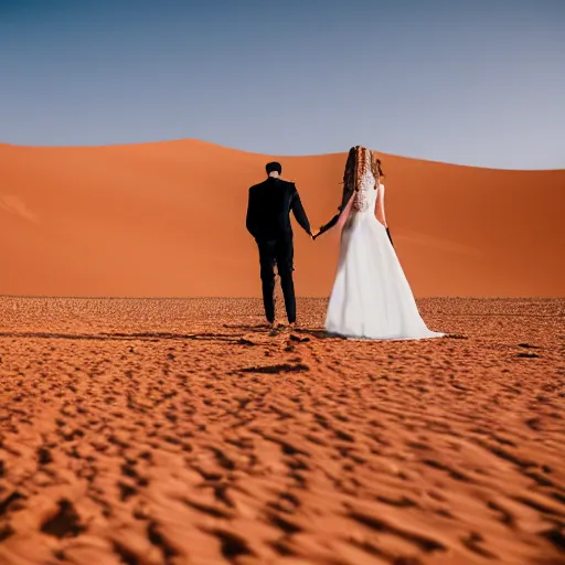 Image similar to bride and groom in the middle of the sahara desert, canon eos r 3, iso 2 0 0, 1 / 1 6 0 s, 8 k, raw, unedited, symmetrical balance, in - frame