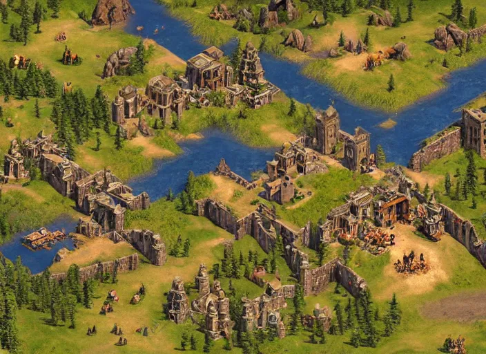 Image similar to isometric map of age of empires video game, procedural, top down, AOE2 , civilization, river, forest, cave, mountain, 3d map, woods, hills, buildings, snow, , digital art,realistic,detailed,art by greg rutkowski